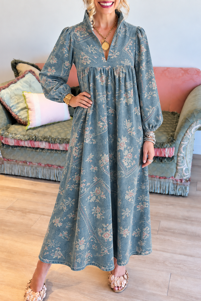 Blue Floral Stand Collar Denim Maxi Dress