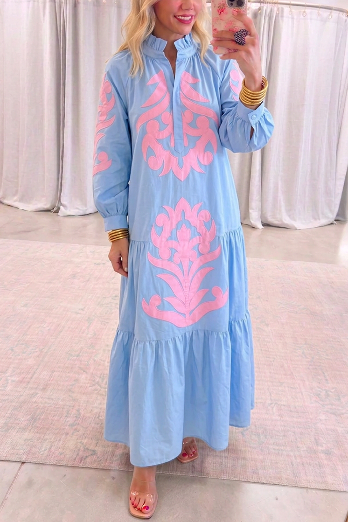 Ruffled Collar Embroidery Maxi Dress