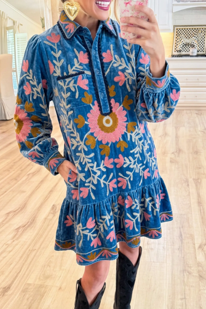 Velvet Floral Pocket Ruffle Hem Dress
