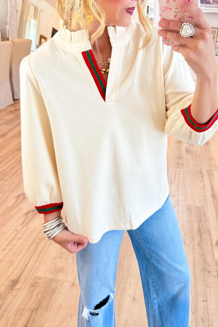Ivory Stripe Contrast Ruffle Neck Top