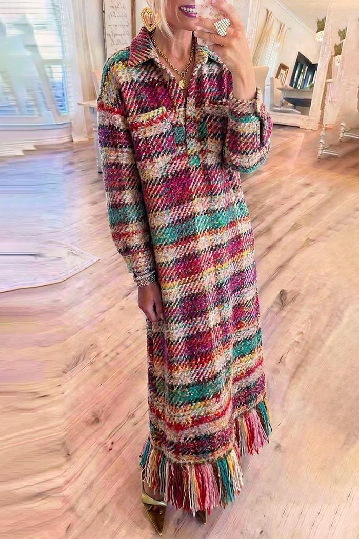 Multicolor Tweed Tassel Pocket Maxi Dress