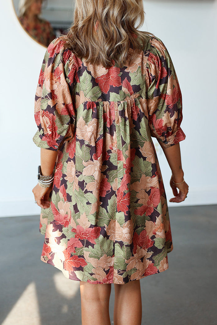 Floral Print Ruffle Collar 3/4 Sleeve Pockets Dress