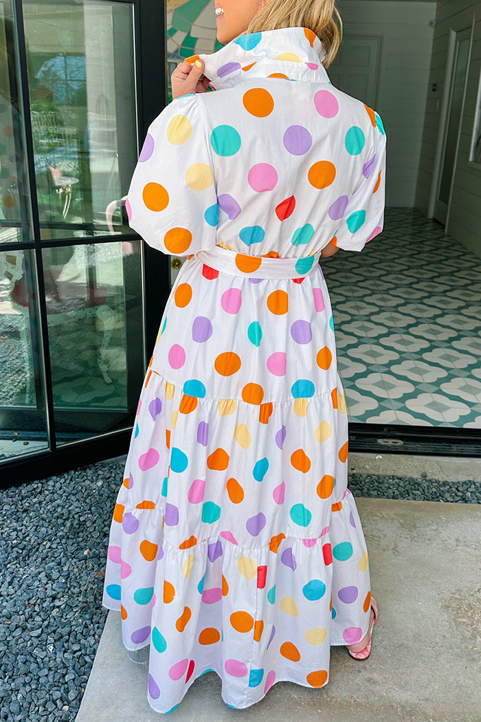 Polka Dot Button Up Belted Midi Dress