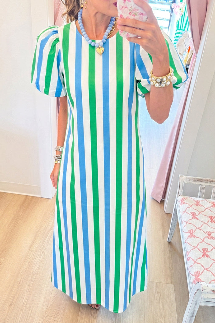 Casual Bright Stripe Puff Sleeve Maxi Dress