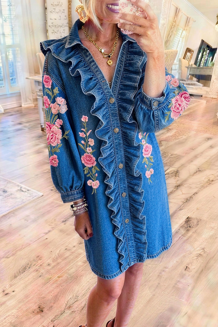 Denim Ruffle Placket Balloon Sleeve Pink Floral Embroidery Shirt Dress