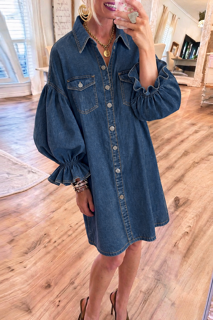 Denim Bubble Sleeve Pockets Shirt Dress
