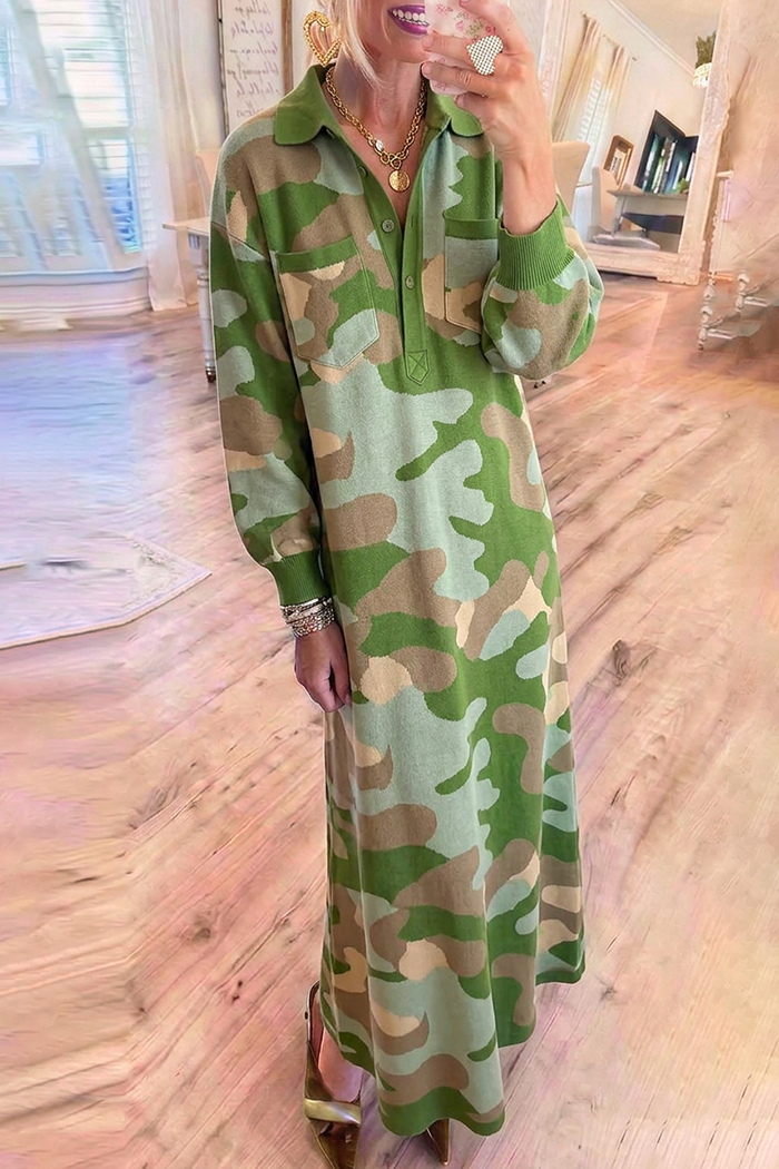 Green Camo Jacquard Knit Collared Pocket Maxi Dress