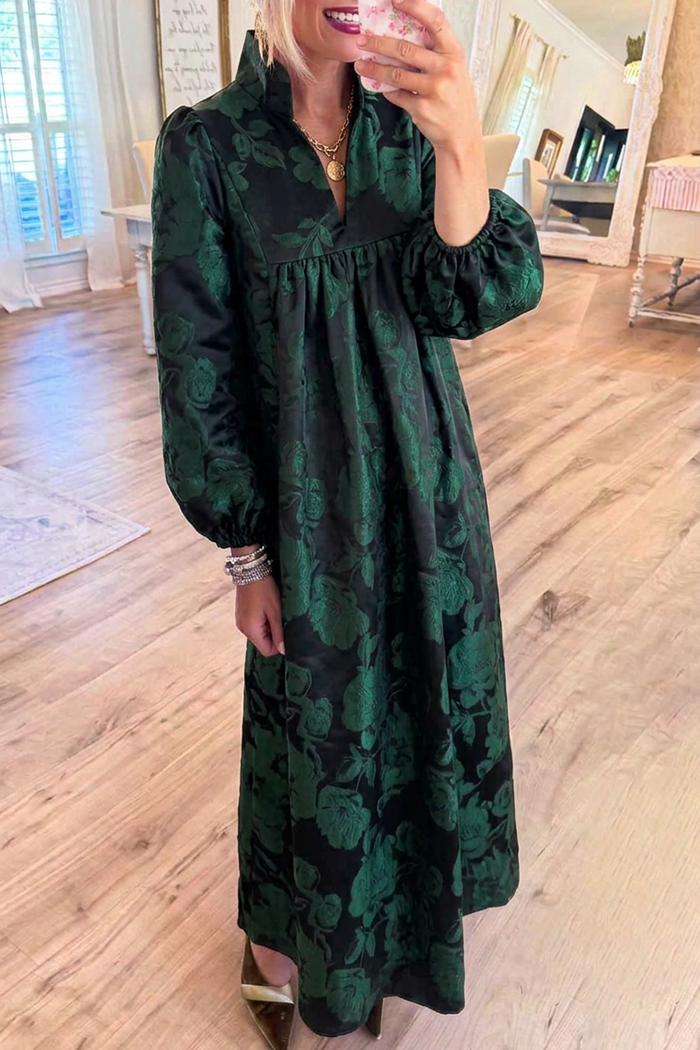 Floral Jacquard Stand Collar Gathered Maxi Dress