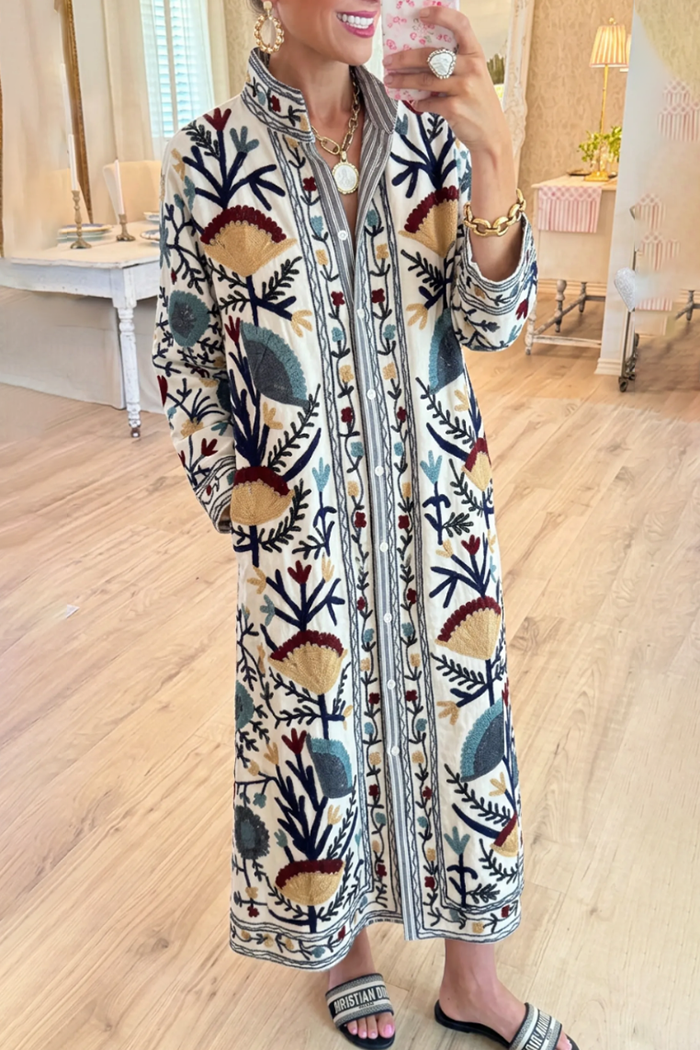 Floral Stand Collar Button Pocket Maxi Dress