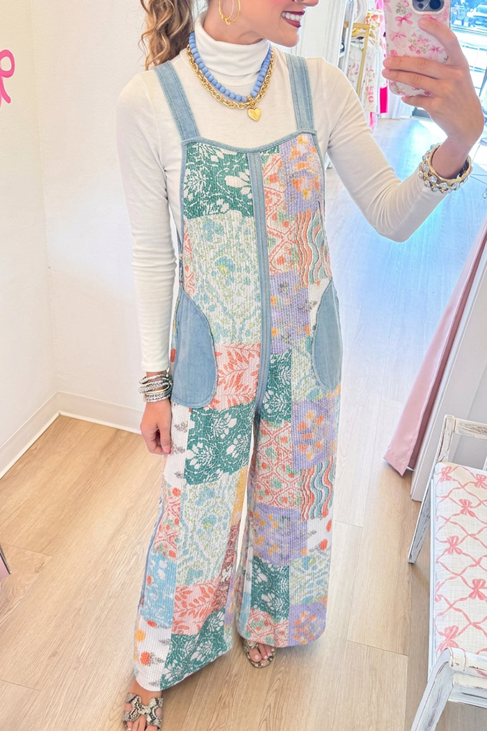 Casual Patchwork Print Overalls