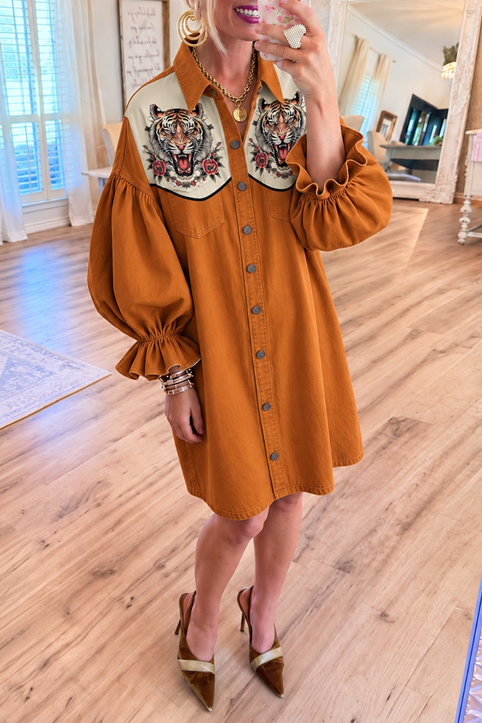 Denim Tiger Print Bubble Ruffle Sleeve Pocket Dress