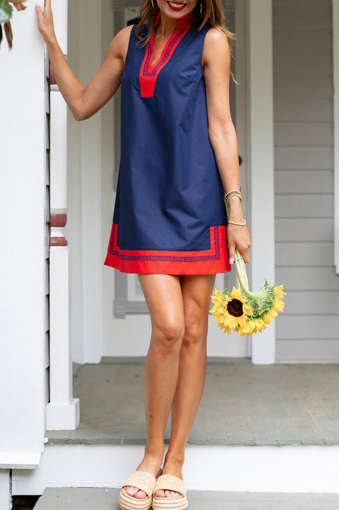 Navy Red Poplin Sleeveless Dress