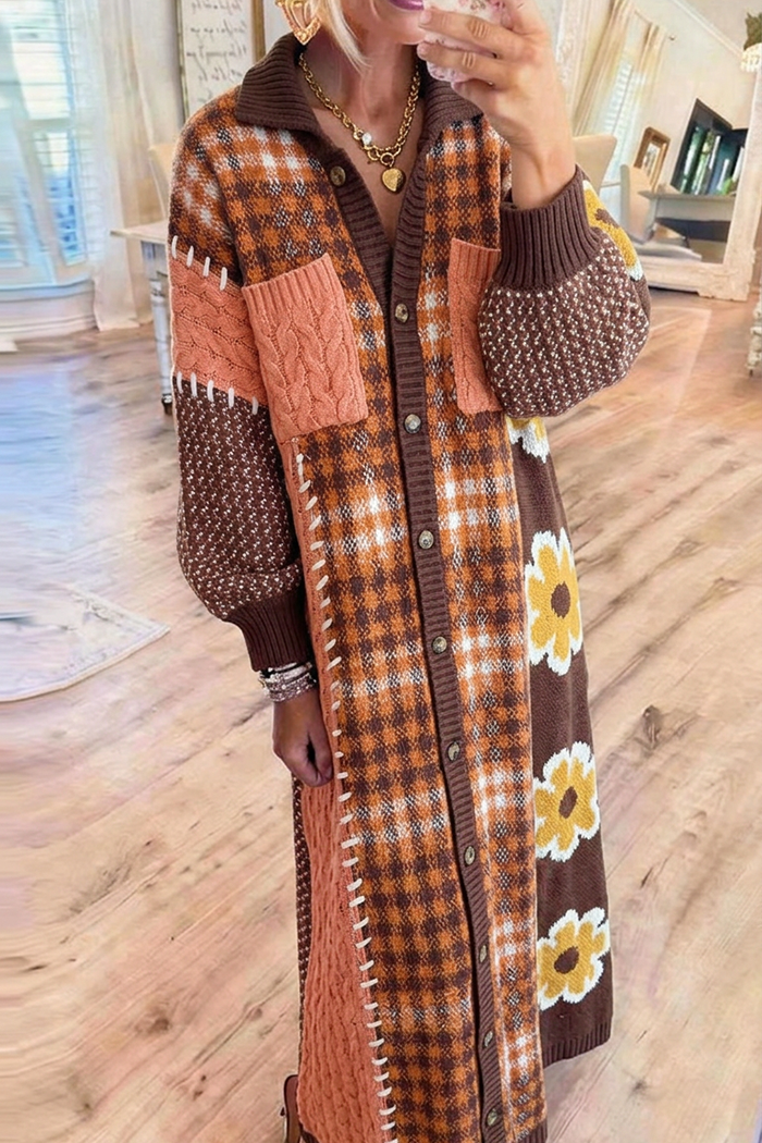 Patchwork Mixed‑Knit Long Cardigan Dress