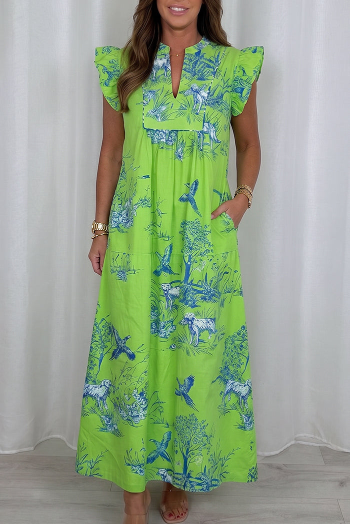 Ruffle Cap Sleeve Printed Pocket Maxi Dress