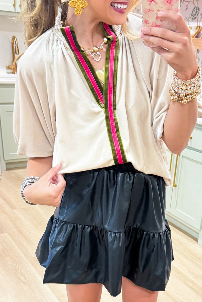 Cream Velvet Contrast Stripe Top