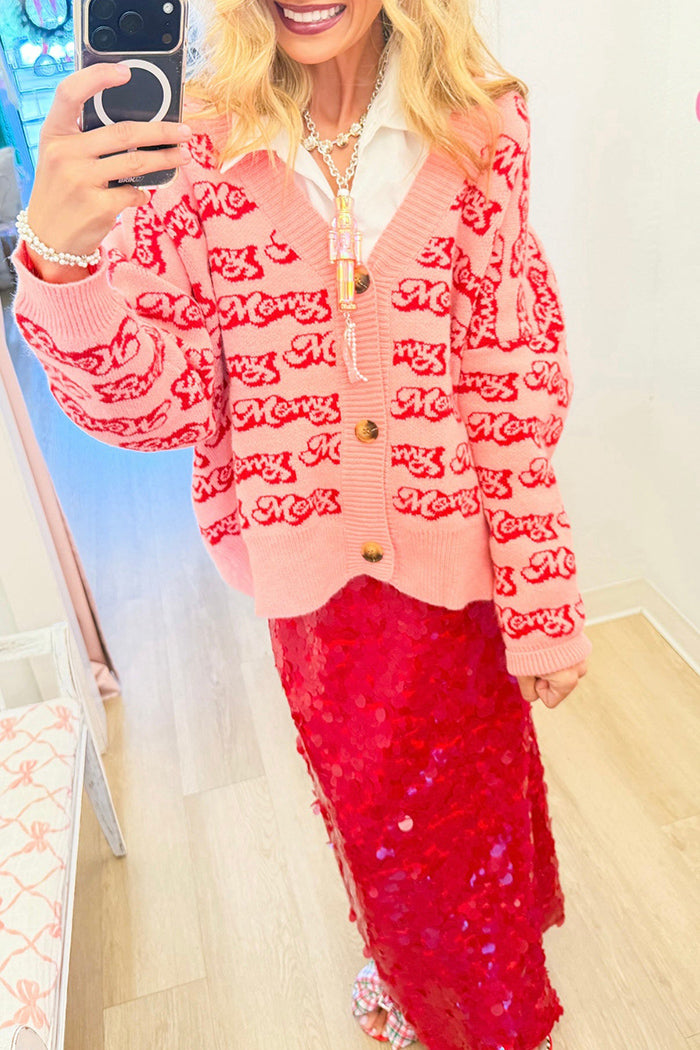 Pink Merry Pattern Long Sleeve Cardigan