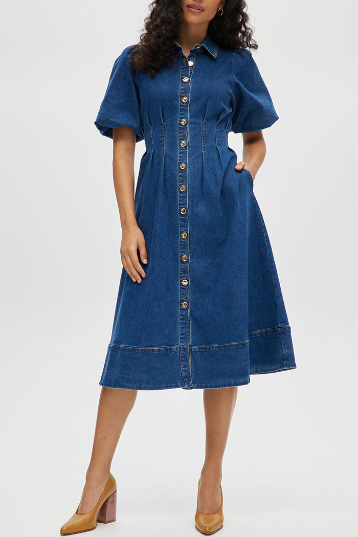 Puff Sleeve Pocketed Waisted Denim Shirt Dress