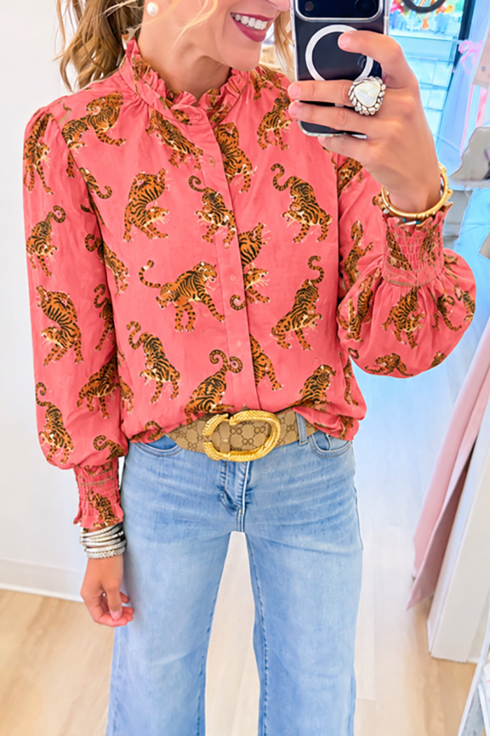 Pink Tiger Print Button Ruffle Neck Top