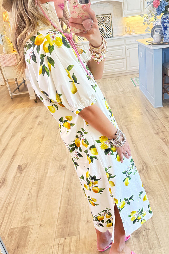 Lemon Print Short Sleeve Midi Dress