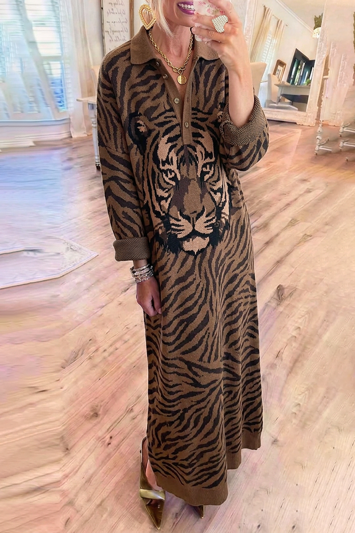 Tiger Jacquard Collar Knit Maxi Dress
