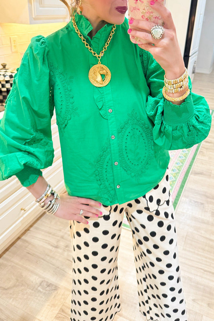 Ruffle Neck Embroidered Button Up Top