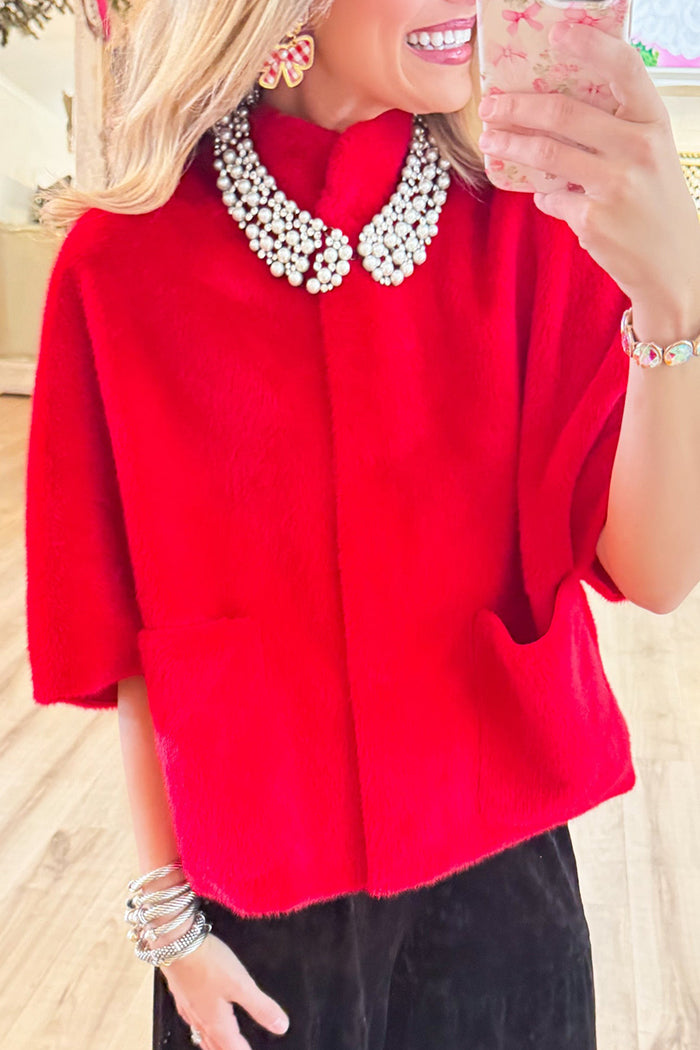 Casual Red Faux Caplet Jacket