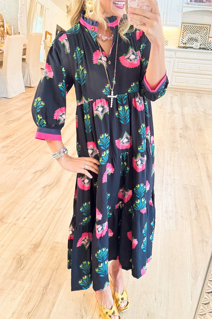 Black Floral Mix Tiered Midi Dress
