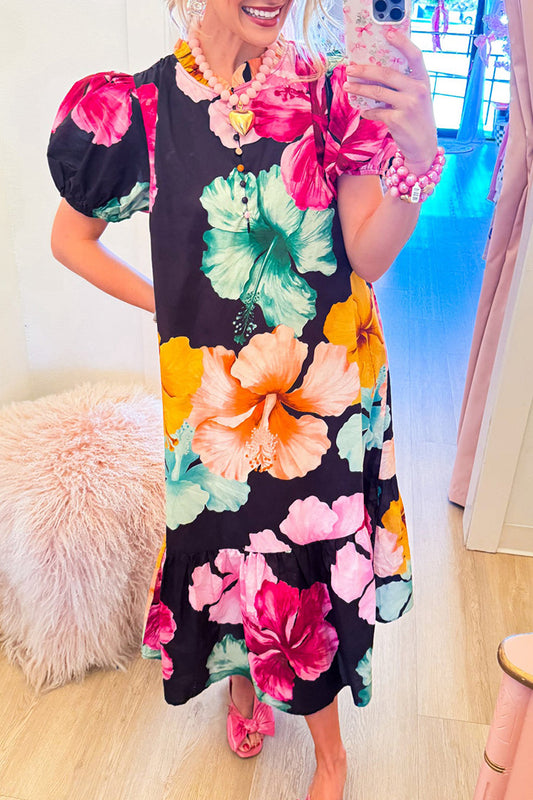 Flower Mix Puff Sleeve Maxi Dress