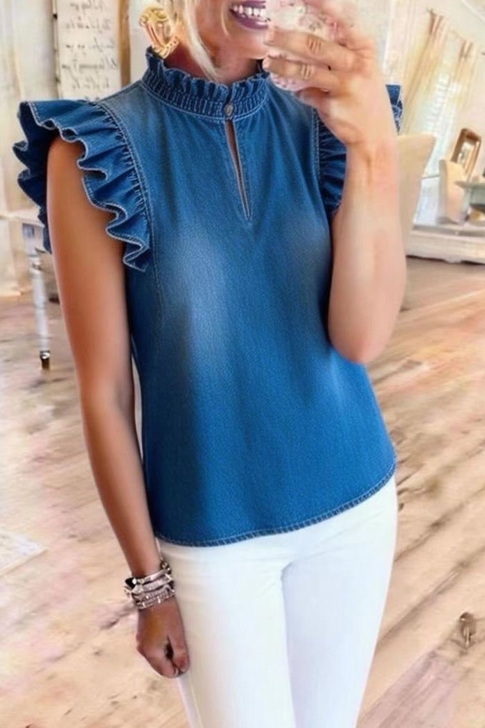 Ruffle Trim Mandarin Collar Denim Top