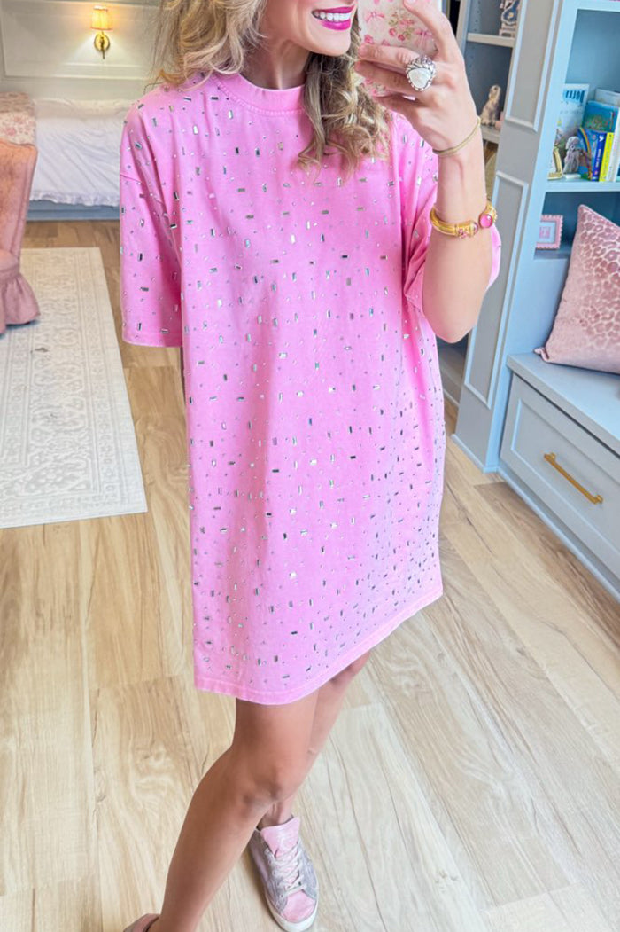 Short Sleeve Pink Jeweled Shirt Dress