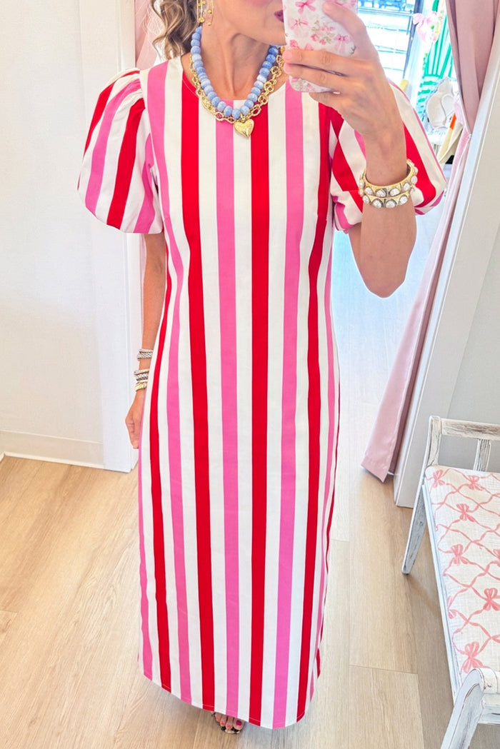 Vibrant Multistripe Puff Sleeve Maxi Dress
