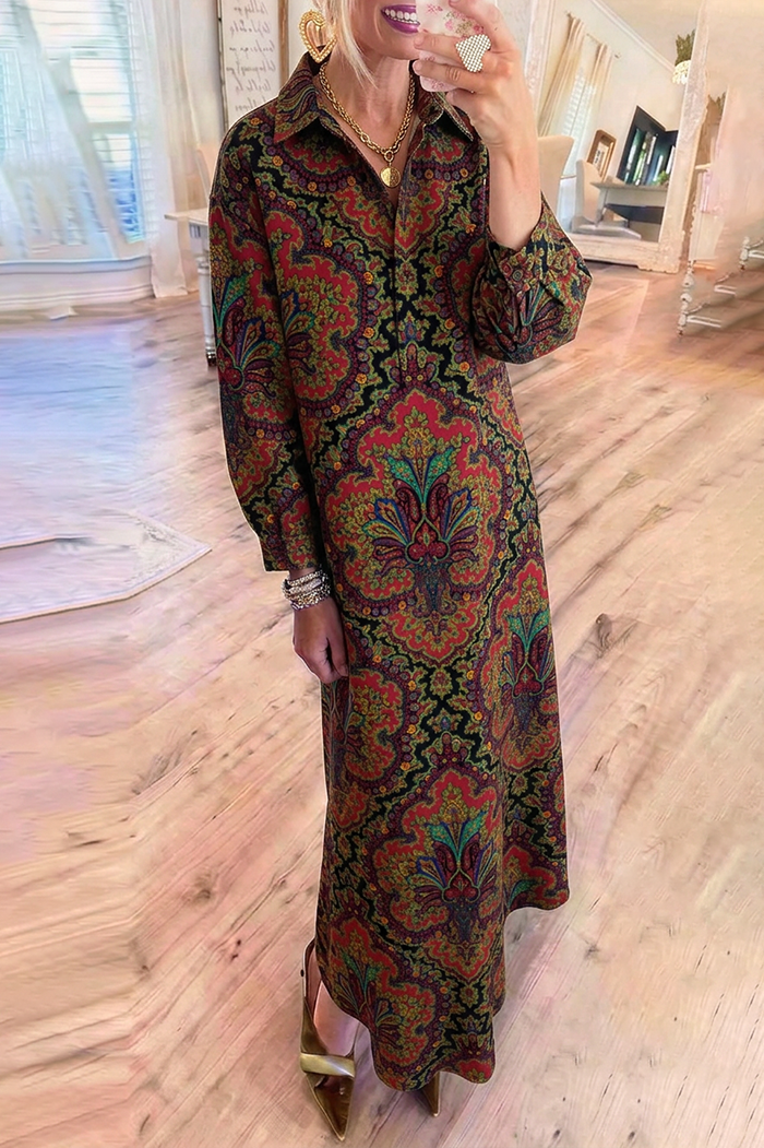 Paisley Jacquard Shirt Collar Long Sleeves Chest Pockets Maxi Dress