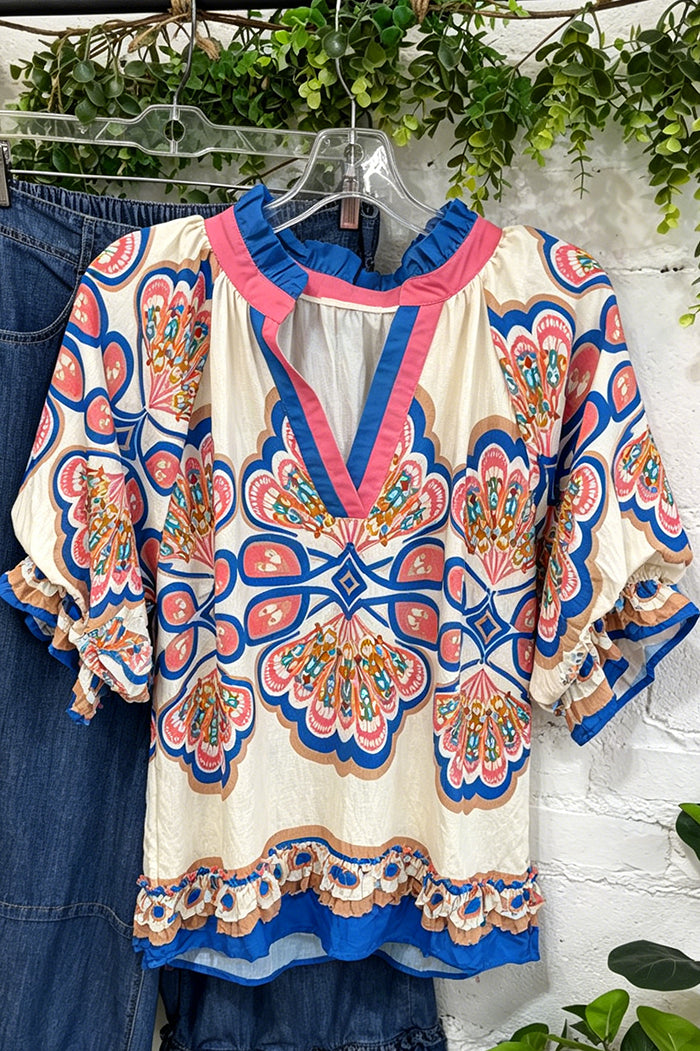 Graphic Print Ruffle Collar Puff Short Sleeve Top