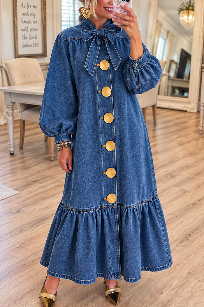 Blue Denim Bow Tie Maxi Dress