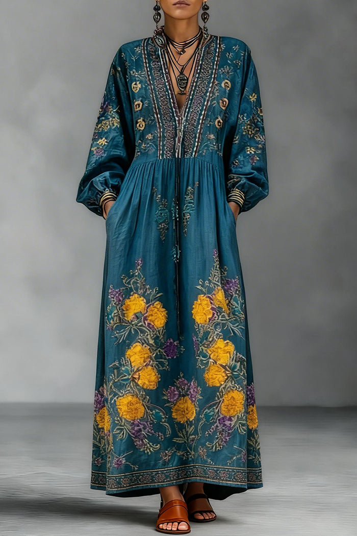 Bohemian Floral Print Pocket Maxi Dress