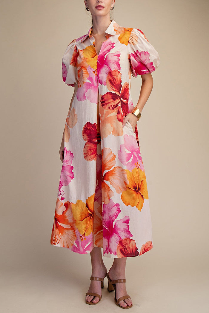 Collar Puff Sleeve Pleated Floral Dress