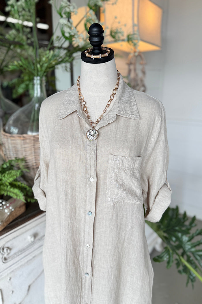 Sequin Pocket Roll Tab Sleeve Shirt Dress