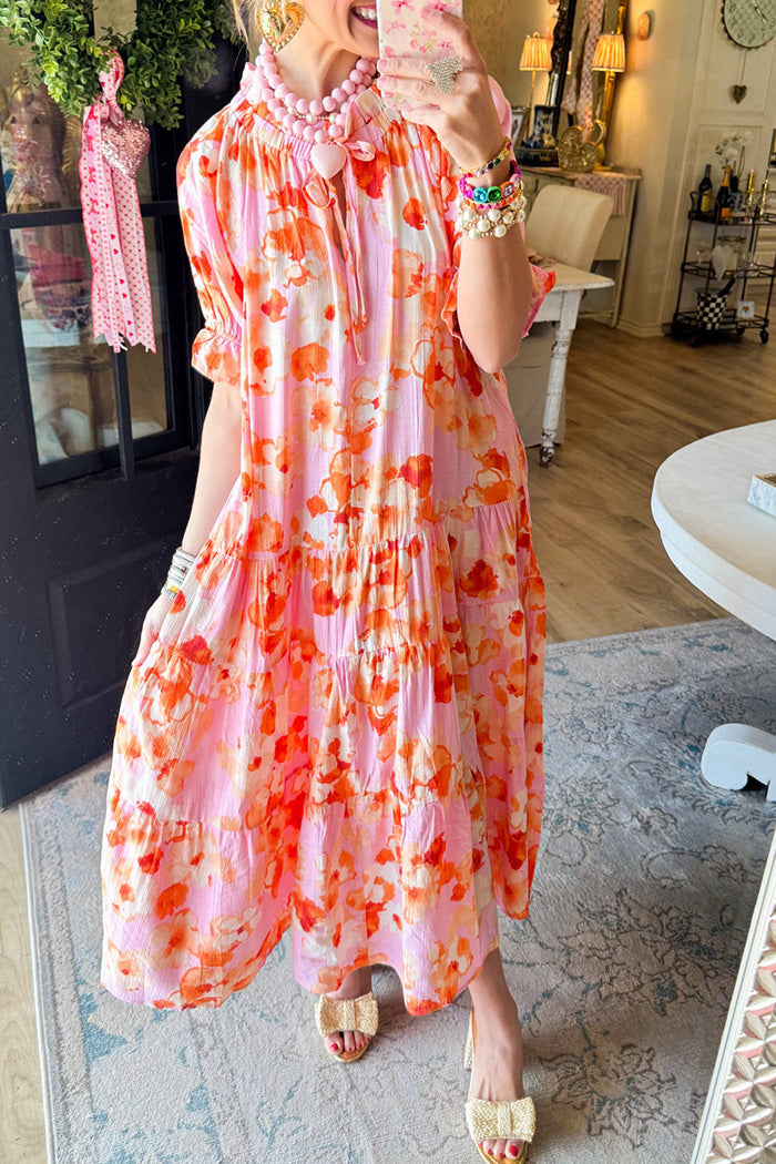 Flowy Pink Floral Print Midi Dress
