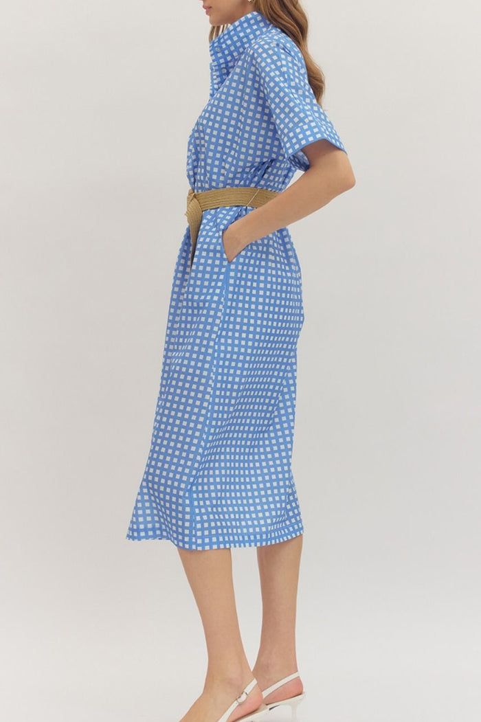 Check Print Short Sleeve Pocket Midi Dress