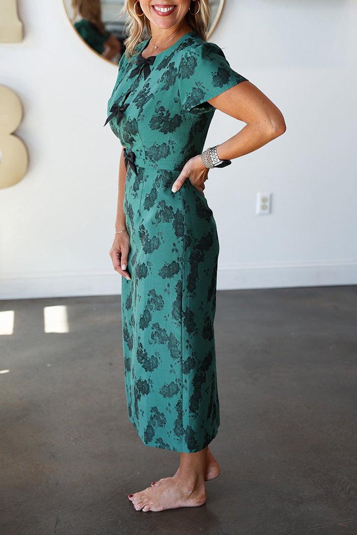 Bow Front Jacquard Fitted Midi Dress
