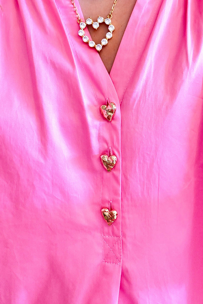 Pink Gold Heart Button Short Sleeve Midi Dress