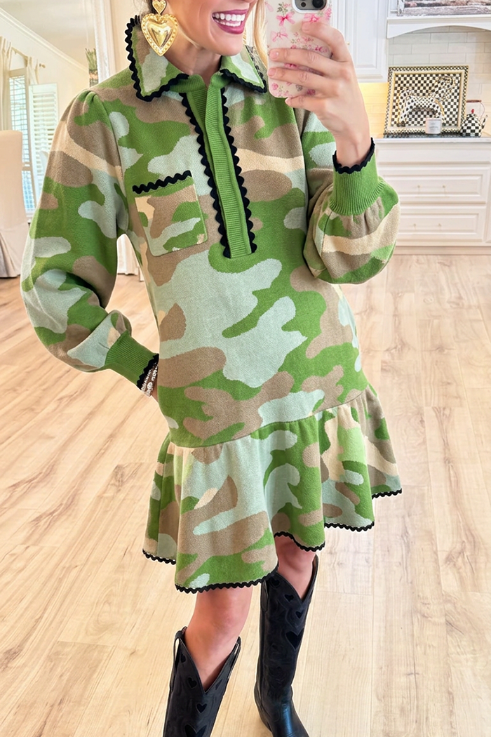 Green Camo Knit Scallop Trim Puff Sleeve Ruffle Hem Pocket Dress