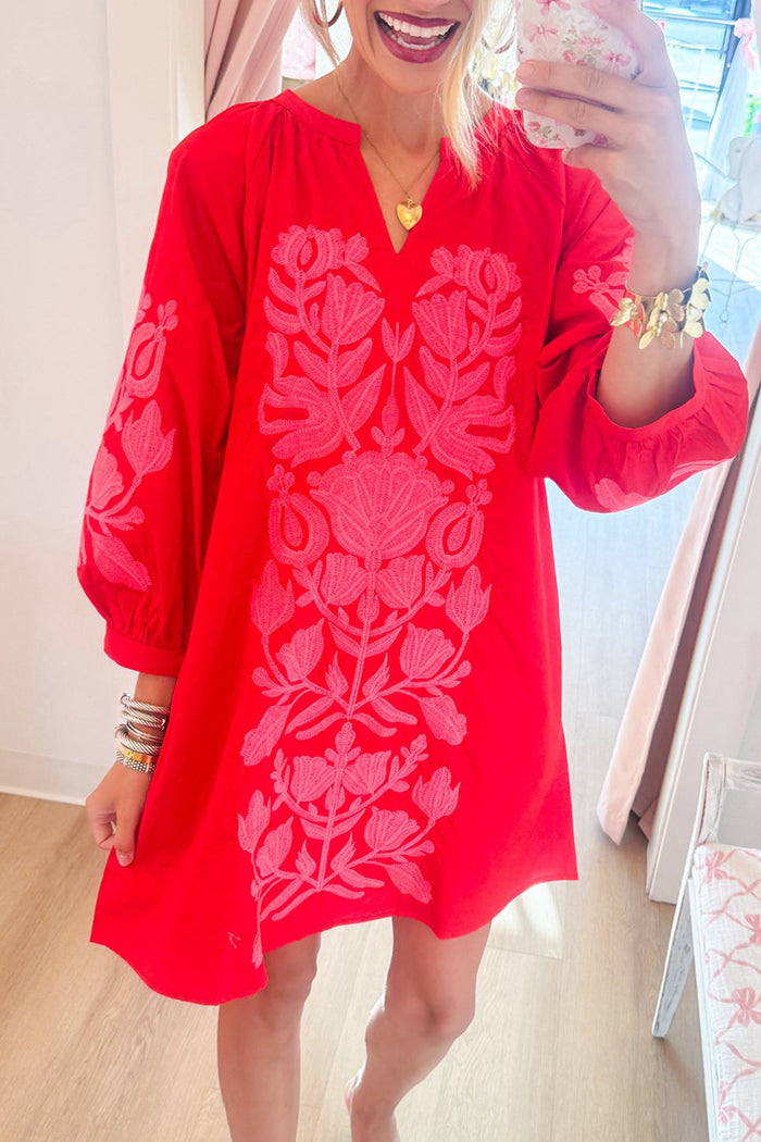Red Neon Pink Floral Three Quarter Sleeve Dress
