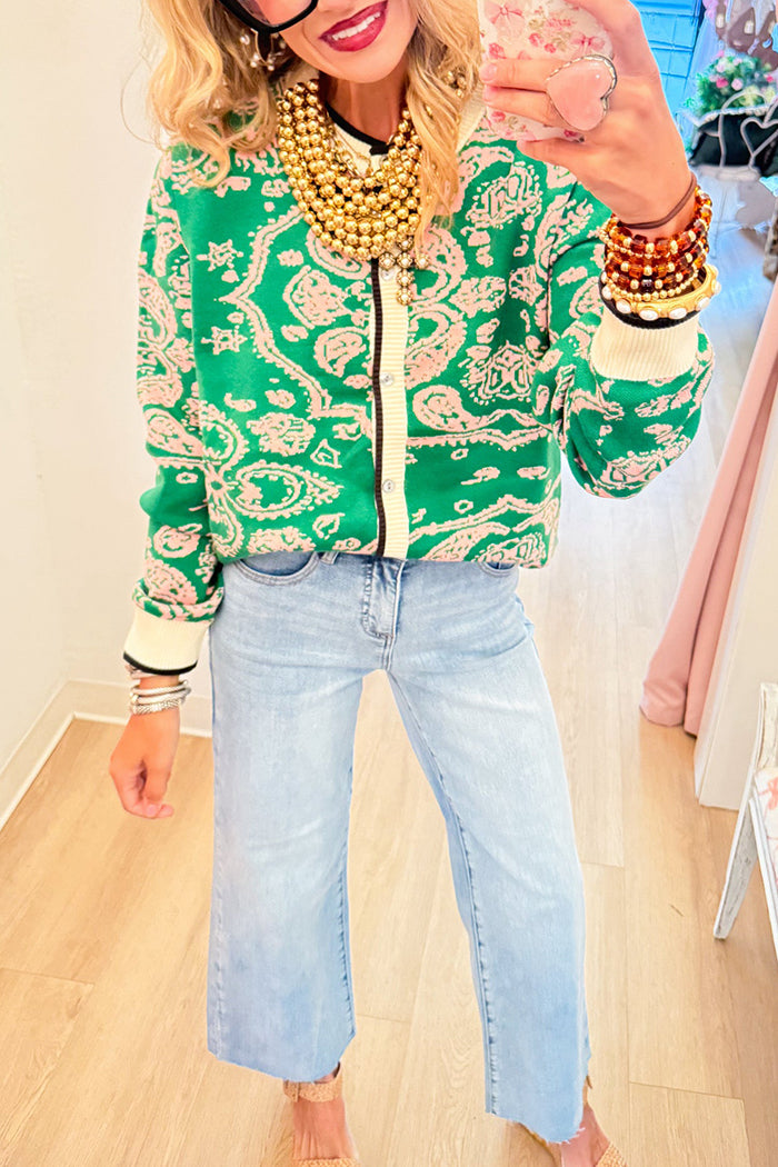 Green Paisley Knit Front Button Long Sleeve Cardigan