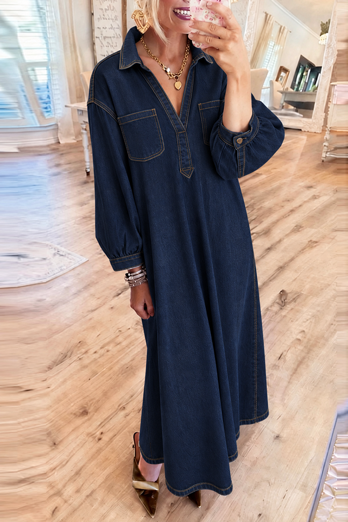 Dark Denim Shirt Collar Pockets Maxi Dress