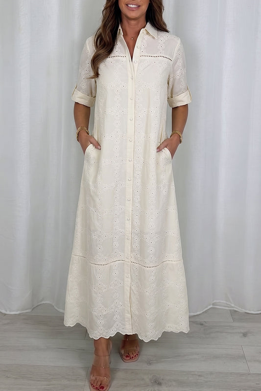 Rolled Sleeve Eyelet Pocket Button Down Dress
