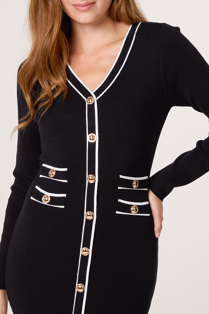 Button Contrast V-Neck Dress