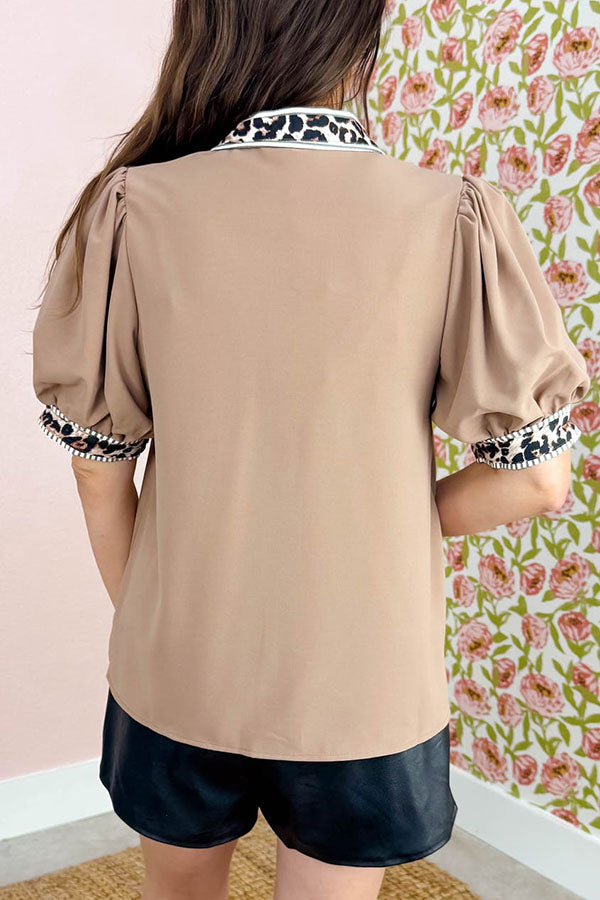 Leopard Trimmed Button Blouse