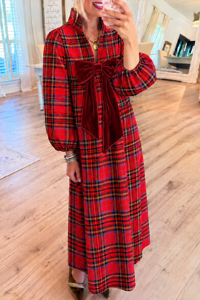 Red Tartan Plaid Burgundy Bow Maxi Dress
