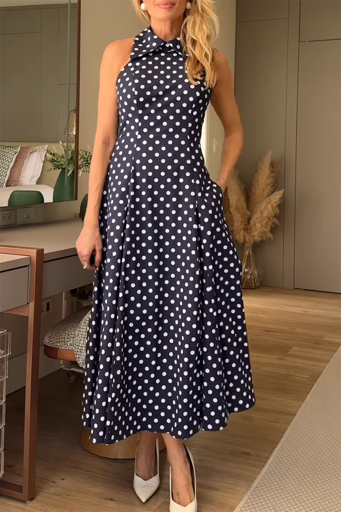 Pocketed Halter Neck Polka Dot Maxi Dress